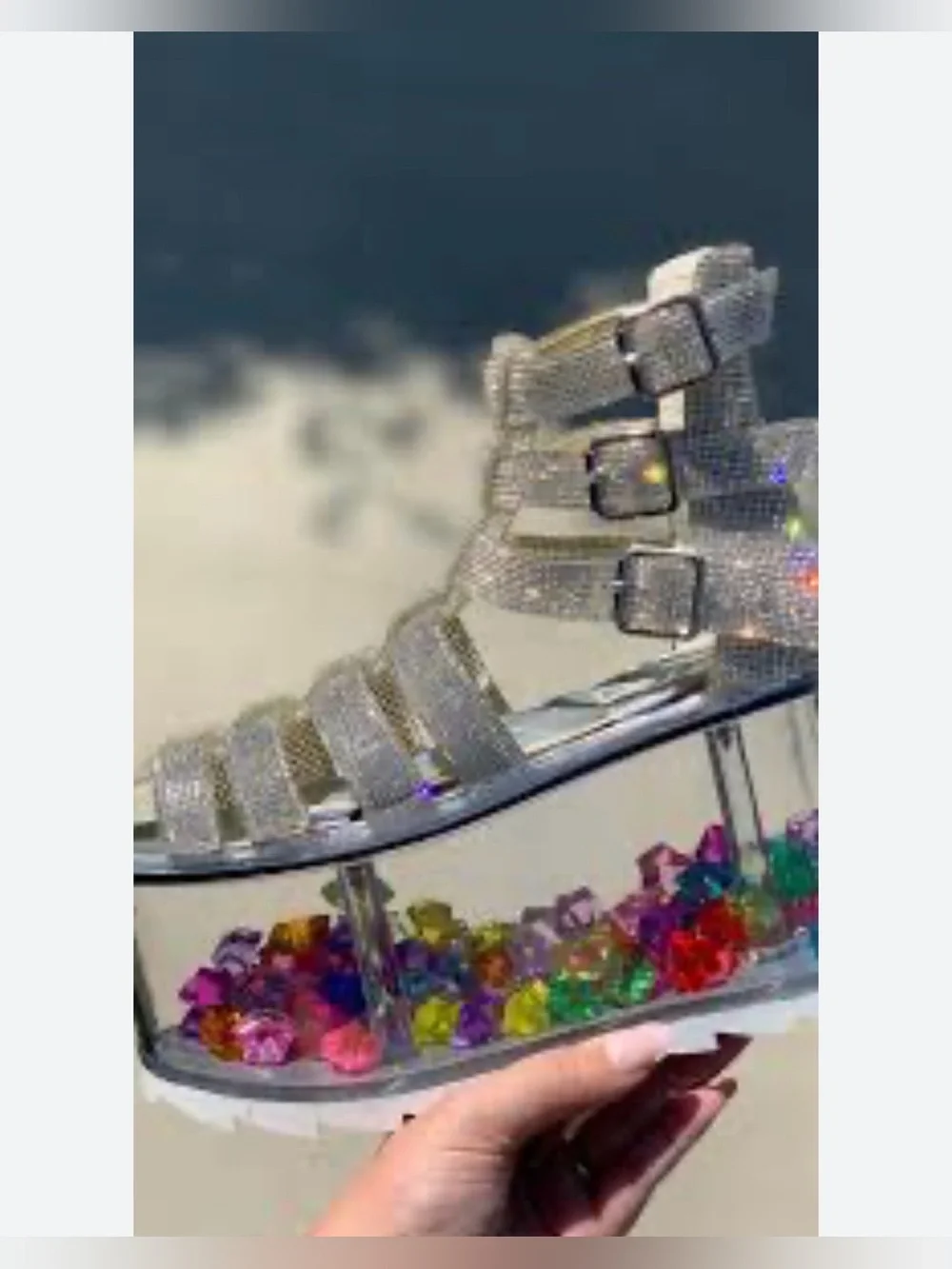 Rhinestone Sparkle Platform Sandals Clear Fillable bottom Shoes Size 9 Fun